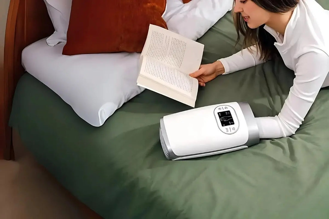The woman is lying on the bed and using a hand massager.